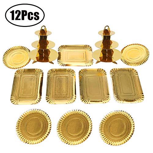 Set of 12 Pcs Cupcake Stands Gold Paper Cardboard Disposable Cake Candy Fruits Dessert Plate Rectangular Round Serving Tray for Wedding Home Birthday Party