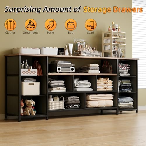 Vermess 63" W Dresser for Bedroom with Charging Station 11 Drawer Dressers & Chests of Drawers Dresser TV Stand for Bedroom for 65 70 75 Inch TV, Metal Frame & Fabric Drawers, Black
