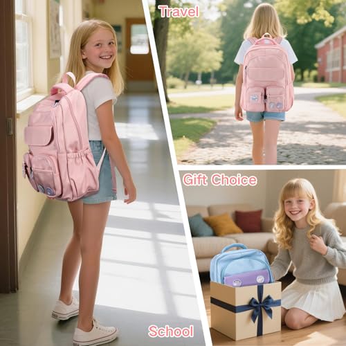 VASCHY Pink School Backpack Large 18 L Waterproof for School, Girl 8-12 Years, 30 × 14 × 44 cm