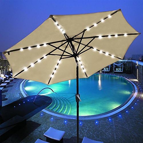 Amazon Com Yeshom 9 Outdoor Solar Powered Led Umbrella 8 Ribs W 32 Lights Patio Garden Market Umbrella Tilt And Crank Uv30 Beige Garden Outdoor