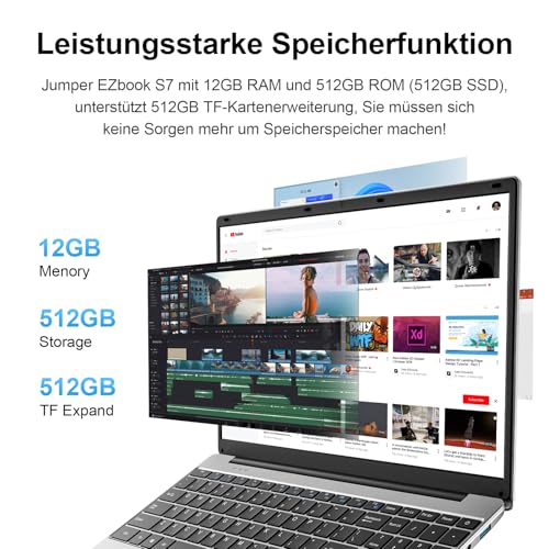 jumper Laptop 15.6 Inch FHD Display, 12GB RAM 512GB ROM TF Extend 512GB, 5205U Processor Notebook (up to 2.3GHz), 2 Stereo Speakers/USB 3.0/Type-C/10 Keyboard