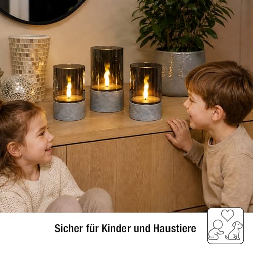 hellum LED Candles with Timer Function, Set of 3 LED Pillar Candles Outdoor, Flickering Flame, Grey, Diameter 8 cm, Heights 10/12.5/15 cm, 6 Hour Timer, Battery Operated (6 x AA, Not Included) 151992