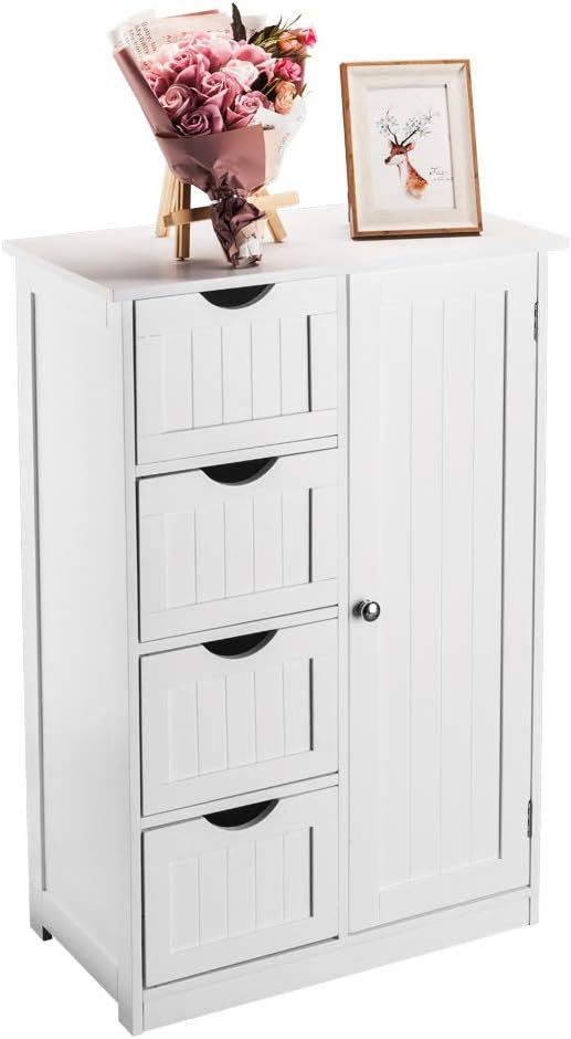 Homfa Bathroom Floor Cabinet Wooden Free Standing Storage Cabinet Side Organizer Unit With 4 Drawer And 1 Cupboard White Storage Cabinets