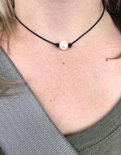 Single Pearl Leather Choker Necklace for Women Handmade Choker Jewelry Gift 14"