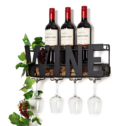 Soduku Wall Mounted Metal Wine Rack 4 Long Stem Glass Holder & Wine