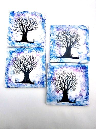 Ceramic Tile Coasters, Alcohol Ink, Hand Painted, Black Tree, Set of 4 Coasters