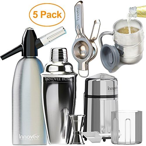 Innovee Home 5 Pack - Cocktail Shaker + Soda Siphon + Manual Ice Crusher + Beer Mug + Lemon Squeezer