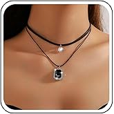 Sttiafay Layered Leather Choker Necklace Black Leather Rope Necklace Black Crystal Square Necklace Leather Crystal Pendant Necklace Jewelry for Women