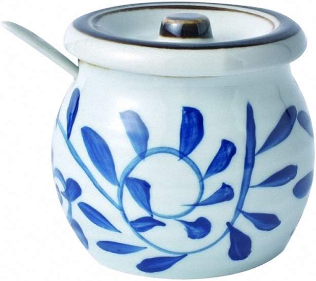 Japanese Retro Style Ceramic Blue Pattern Sugar Bowl Salt Spice Pot Pepper Storage Jar Seasoning Pot Container Condiment Box with Lid and Spoon for Home Kitchen, 9 Ounces