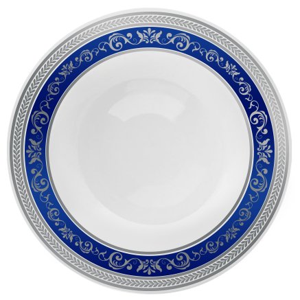 Posh Setting Royal Collection Combo Pack China Look White, Silver/Blue Plastic Soup Bowls (Includes 4 Packs of 7.5