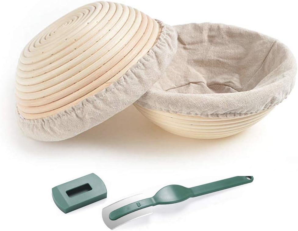 Bread Proofing Basket Set of 2 Pack 9" Round Banneton Brotform Bread Dough Proofing Rising Rattan Basket Handmade Natural Rattan Bowl for Home Bakers with Cloth Liner Dough Scraper