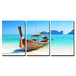 3 Piece Canvas Wall Art - Long Boat and Tropical Beach, Andaman Sea, Thailand - Modern Home Art Stretched and Framed Ready to Hang - 16"x24"x3 Panels