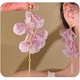 Boho Long Fabric Flower Tassel Earrings for Women Exaggerated Aesthetic Large Floral Dangle Earring Chiffon Petal Dangling Earrings Y2k Charm Jewelry