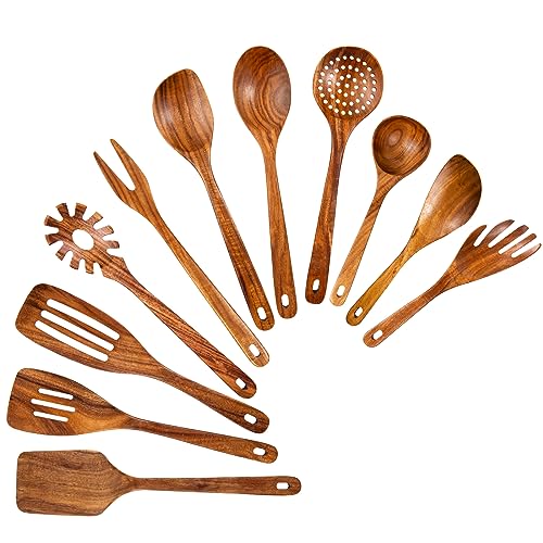 GUDAMAYE 11 PCE Wooden Spoons for Cooking, Wooden Kitchen Utensils Set,Wooden Cooking Utensils,Natural Teak Wooden Spoons For Non-stick Pan