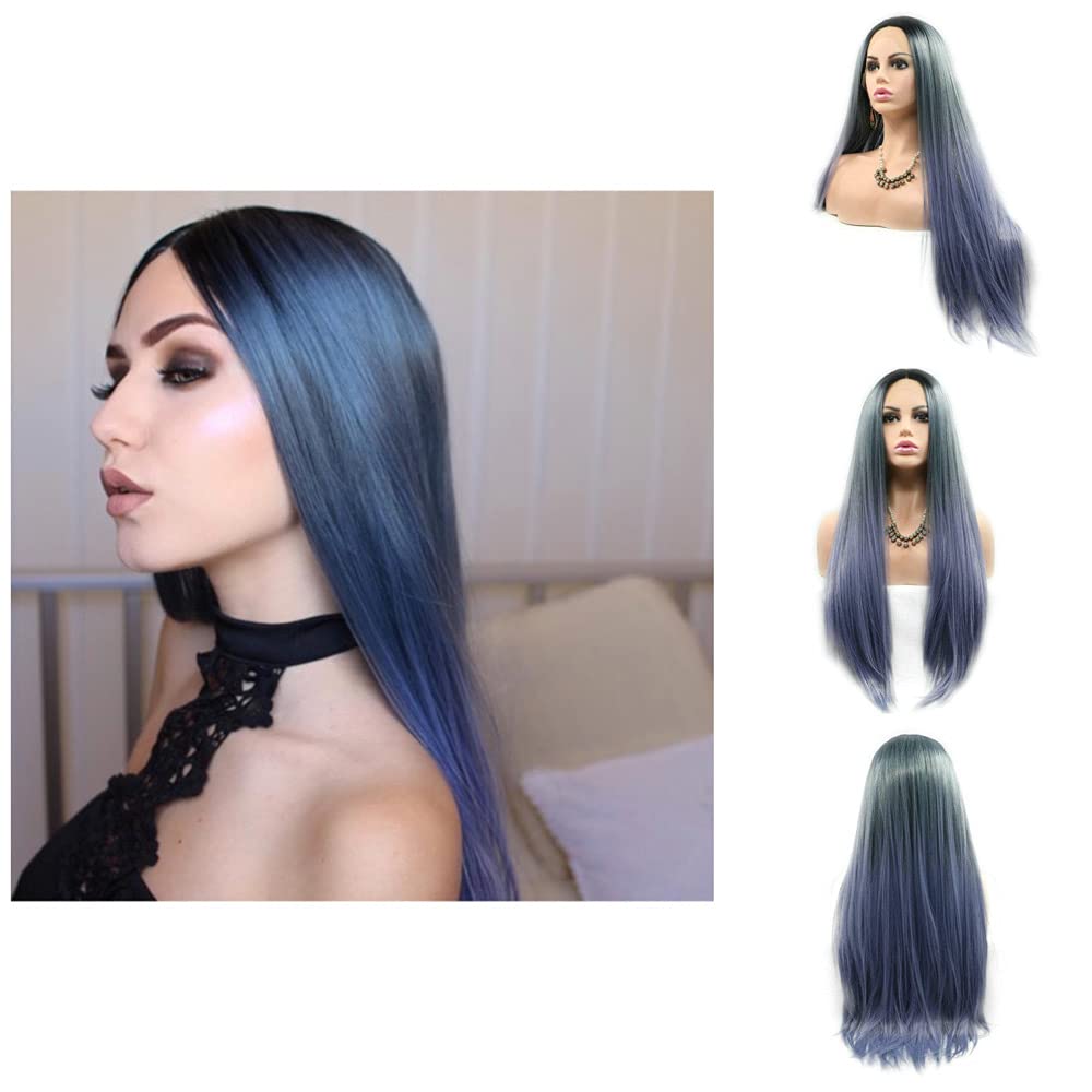 Natural Straight Dark Roots to Blue Lace Front Wigs for Women Heat Resistant Synthetic Wig Glueless Hair Flawless Hairline Party Use 24inch… (Ombre Blue)