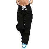 AprPith Mid Rise Cargo Jeans Women Elastic Waist Stretch Wide Leg Denim Pants with Pockets Baggy Streetwear Pants y2k