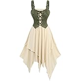 DRESSFO Women's Renaissance Pirate Corset Dress – Lace‑Up Handkerchief Layered Midi Dress with Straps