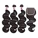 SKYDO Brazilian Virgin Human Hair Body Wave Bundles with Closure (16 18 20 +14) Body Wave Human Hair Bundles with Closure 4×4 Free Part Natural Color