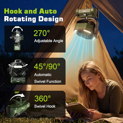 Lolleys Ventilateur Brumisateur de Camping 20000mAh, Ventilateur Portable Rechargeable avec Télécommande, Double Moteur, Crochet 360°, Vitesse Variable pour Extérieur Pêche Camping-car Plage, Green