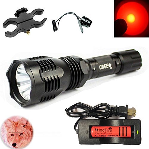 WindFireÂ® [A Complete Set] WF-802 Waterproof 350 Lumens 18650 Battery Tactical Flashlight 250 Yard Long Range Throwing RED Hunting Light RED Cree LED Coyote Hog Hunting Light Lamp Torch with Remote Pressure Switch + Scope/Bike Mount Holder + 18650 R