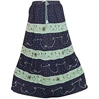 Women's Vintage Skirts A-Line Blue Embroidered Flowy Long Skirts L