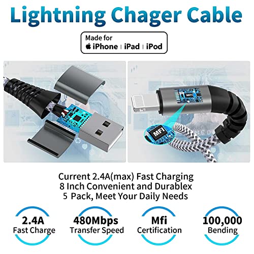 5 Pack Short Lightning Cable(8 Inch), [Apple MFi Certified] iPhone Fast