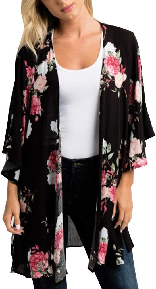 Women's Sheer Chiffon Blouse Loose Tops Kimono Floral Print Cardigan