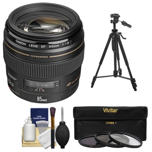Canon EF 85mm f/1.8 USM Lens with 3 UV/CPL/ND8 Filters + Tripod + Cleaning Kit for EOS 6D, 70D, 5D Mark II III, Rebel T3, T3i, T4i, T5, T5i, SL1 DSLR Cameras