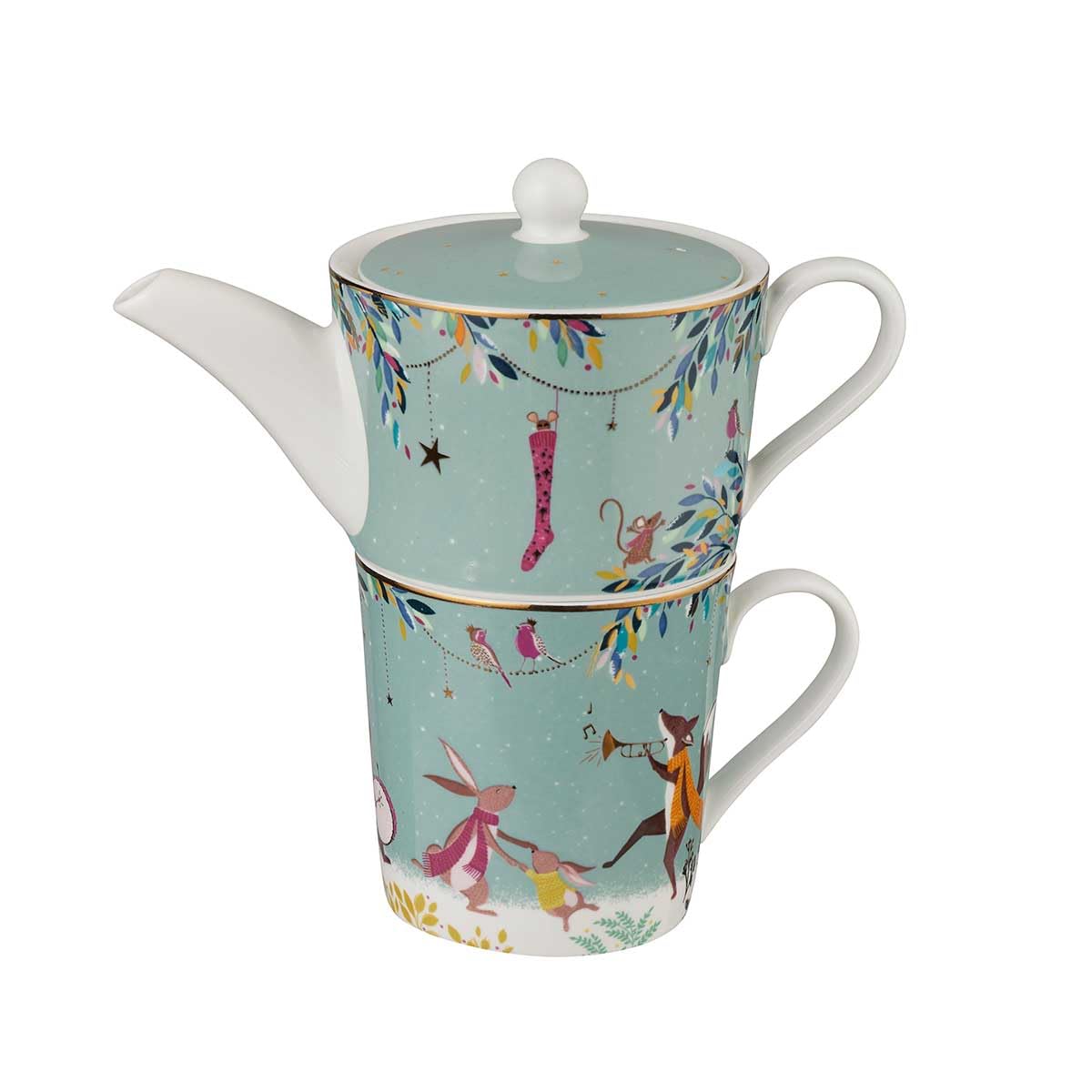 Portmeirion Sara Miller London Woodland Tales Tea for One, Merry Band, Green, 18x17x10