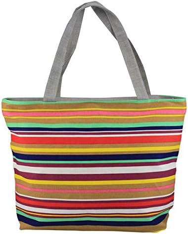 HUIB Women's Heavy-Duty Cotton Colorful Stripes Pattern Canvas Tote Shoulder Roomy Tote Beach Bag