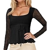 FWSAM Women Y2k Square Neck Sheer Mesh Ruffle Hem Babydoll Tee Shirt Long Sleeve Lace Up Lettuce Trim Layered Peplum Top