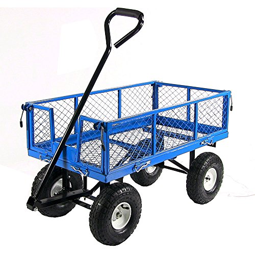 Sunnydaze Utility Steel Garden Cart, Outdoor Lawn Wagon with Removable Sides, Heavy-Duty 400 Pound Capacity, Blue