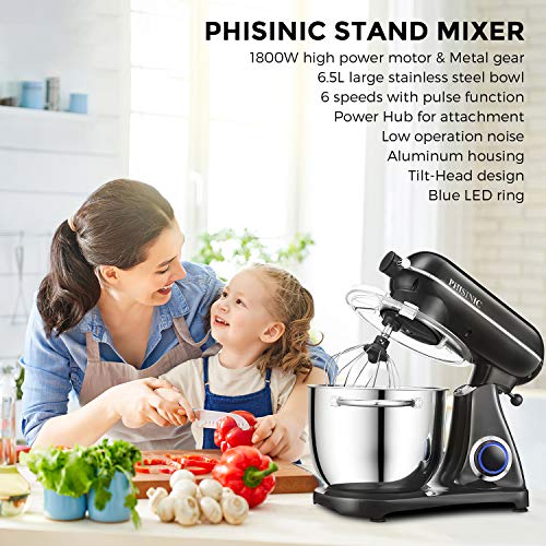Robot Pâtissier Multifonctions de Cuisine, PHISINIC 6.5L 1800W Puissant, Métalique, Mixeur Batteur sur Scole, avec Batteur, Fouet, Crochet Pétrin (Noir)