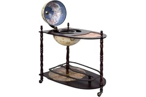 vidaXL Freestanding Globe Bar Cabinet with Wine Storage-Eucalyptus Wood, Green and Brown, with Renaissance era Paintings, Movable with Bottom Wheels-27.6"x17.7"x34.6"