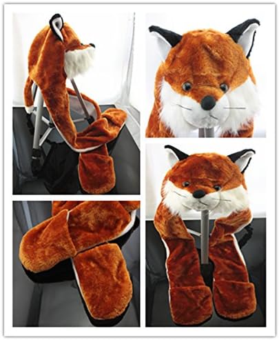 Novelty Fox Plush Hoodie Hat 3 in 1 Winter Scarf Pocket For Christmas Gift By Fantastic House