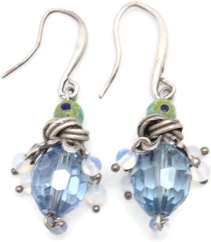 Ollipop by Sweet Romance Aqua & White Opalescent Crystal Burnished Silvertone Earrings