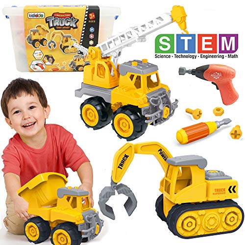 Kididdo Take Apart Truck for Boys and Girls,Set of 3 Construction Vehicles for Kids, Build a Dump Tr