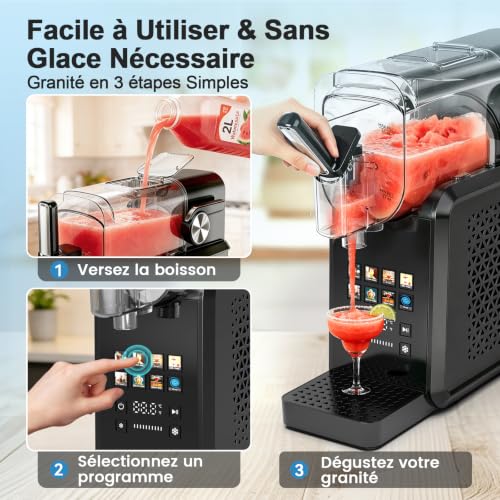Machine à Granité, 2.6L Machine à Granita, Slush Machine sans Glace, 8 Programmes, Écran Tactile, Auto-Nettoyage, Silencieux, Machine à Glace pour Boisson Givrée Crème Glacée Cocktail Milkshake Frappé