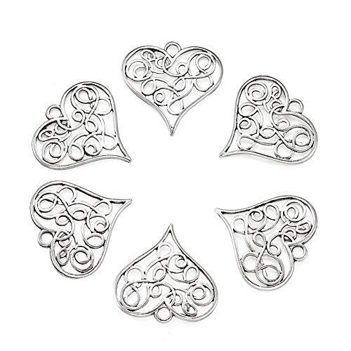 Craftdady 10Pcs Antique Silver Filigree Love Heart Charms 31.5x32mm Vintage Alloy Lead Free Tiny Sweet Heart Beads Pendants for DIY Jewelry Bracelet Necklace Earring Making