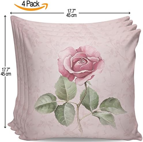 Serra Home 4-Pack Decorative Pink Rose Flower, 18" x 18" Throw Pillow Covers Set Turkish New Design Linen Square Made in Turkey Patterned Cases Couch Cushion for Sofa Bedroom