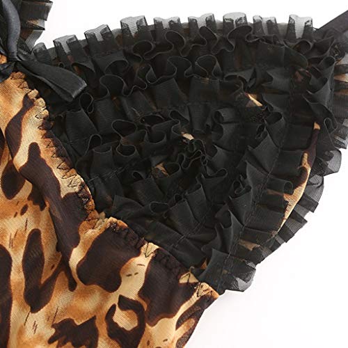 Caerling Damen Leopardenmuster Nachthemd Bequem Negligee Spitze Dessous Sexy Lingerie Nachtwäsche V Ausschnitt Spaghetti Träger Kleid (M, Braun)