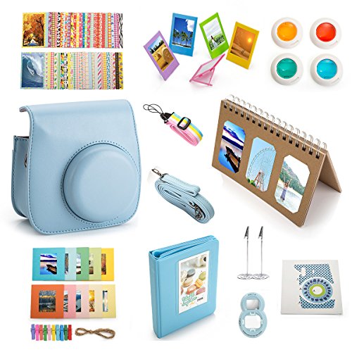 Mini 8 Accessories, 13 in 1 Fujifilm Bundle(Blue Case/Standing Album/strap/Book Album/Colored Filters/Selfie Lens/Wall Hang Frames/Frames/Sticker Borders/Decor Stickers/Alligator Clip Photo Holders)