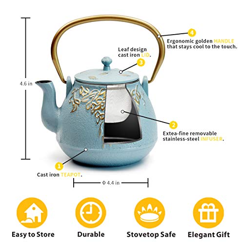 Tea Kettle, TOPTIER Japanese Cast Iron Tea Kettle with Infuser, Stovetop Safe Cast Iron Tea Kettle, Leaf Design Cast Iron Tea Pot Coated with Enameled Interior for 22 oz (650 ml), Turquoise Blue - Thumbnail 3