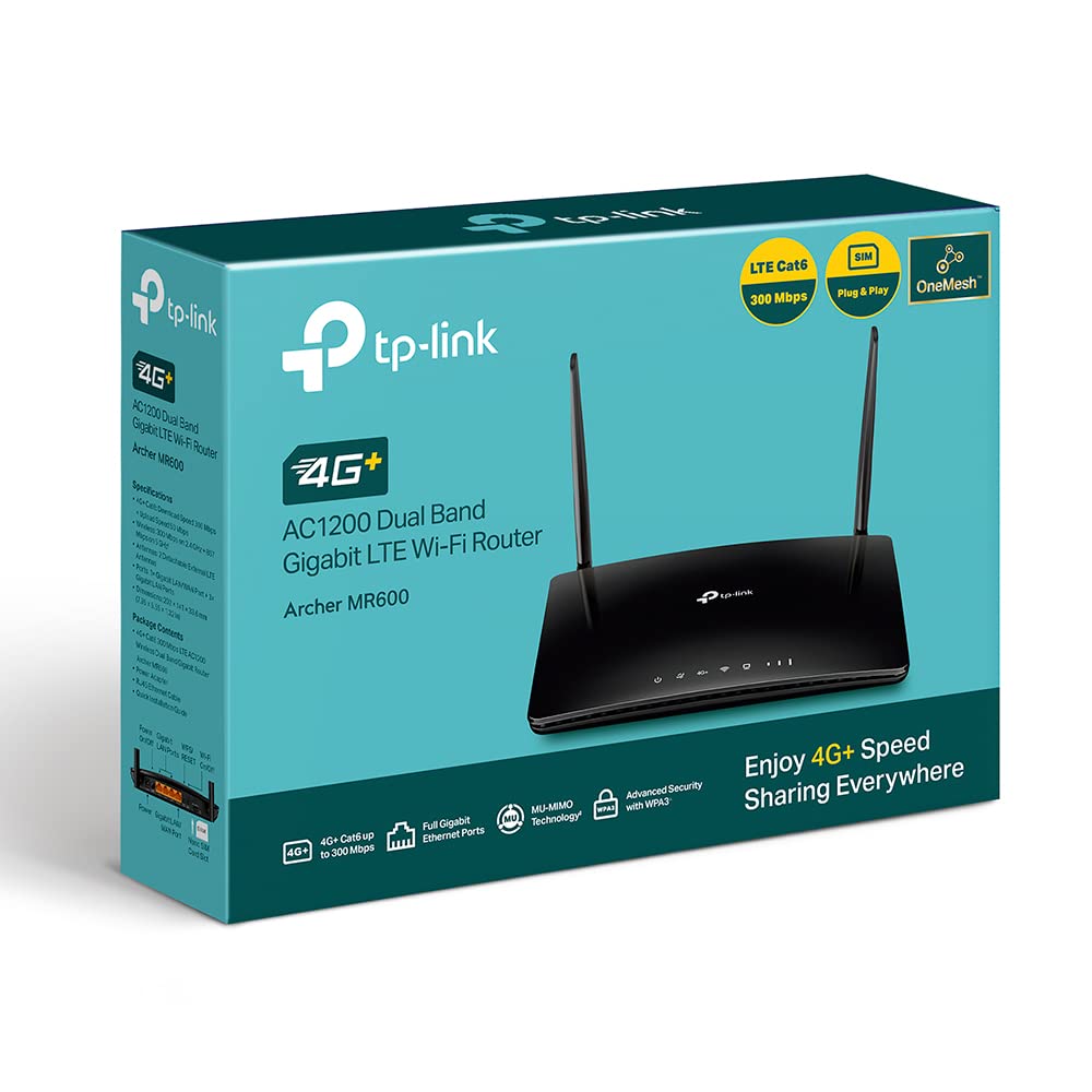 TP-Link Archer MR600 AC1200Mbps 4G+ Cat6 Wireless Dual Band 4G Router With Sim Slot, SIM Slot Unlocked, MU-MIMO technology, WiFi Router Mode, No Configuration required,Guest Network & Parental Control