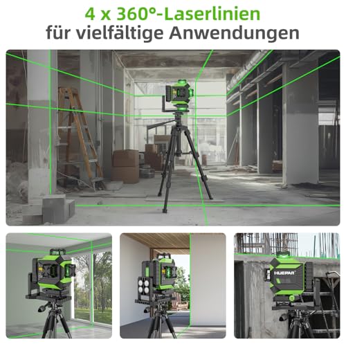 Huepar 4x360 4D Green Laser Level 16 Lines Laser Self-Leveling Cross Tool, 2x360 Horizontal & Vertical with Pulse Mode, Li-ion Battery, Magnetic Base, Hard Carrying Case