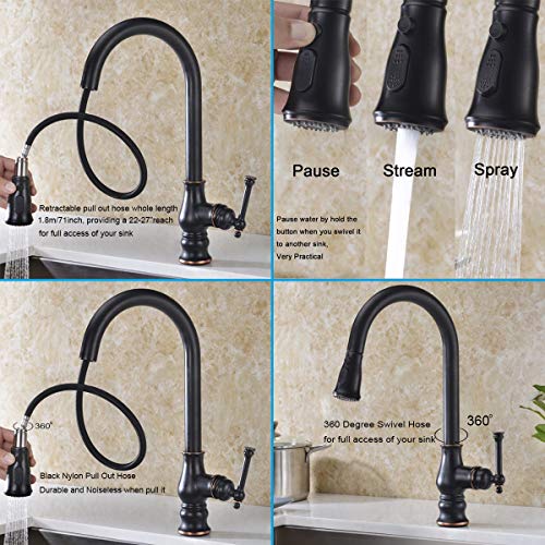 Kitchen Faucet,Delle Rosa Lead Free Brass Kitchen Faucet,High Arc 360 Degree Swivel Kitchen Faucet, Pre-rinse Kitchen Faucet with Pull Down Sprayer Oil Rubbed Bronze