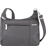 Travelon Anti-Theft Asymmetric East/West Bag - Small Nylon Crossbody for Travel & Everyday - (Pewter/Dark Emerald Interior)
