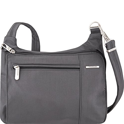 Travelon Anti-Theft Asymmetric East/West Bag - Small Nylon Crossbody for Travel & Everyday - (Pewter/Dark Emerald Interior)