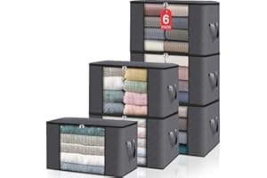 HomeHacks Storage 6-Pack Clothes Organizer Storage Bags Foldable Storage Box with Large Clear Window Sturdy Handles for Closet, Dorm, Pillows, Bedding, Clothes, Stuffed Toys, Blankets, 100L, Grey