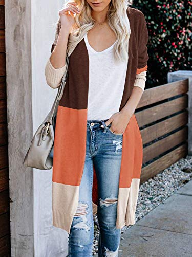 Women's Lightweight Striped Long Sleeeve Open Front Duster Cardigan Coffee